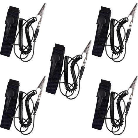 5-Piece Anti-Static Wrist Straps, ESD Discharge Band, Electronic Metal Anti-Static, Grounding Wrist Strap, Ground Plug and Alligator Clip Included, Black (1/5)
