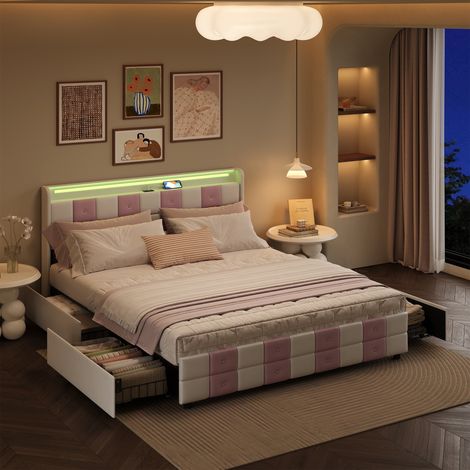 Letto matrimoniale 160x200 cm, letto imbottito trapuntato con 4 cassetti e illuminazione LED, struttura letto con porte USB/Type-C, velluto e metallo, design moderno bicolore, Rosa/Bianco