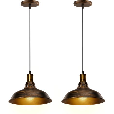 Lampada a Sospensione, Vintage Lampada da Soffitto con Paralume in Metallo, Industriale Stile Illuminazione Supporto Edison E27 per Corridoio Cucina Isaland Camera da Letto Scala Ottone - 2 Pezzi
