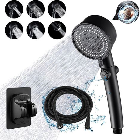 Cabezal de ducha de alta presión con 5 tipos de chorro y sistema de ahorro de agua, carcasa de ABS negro/plateado, 410 g, 198 cm de largo, tapa de silicona autolimpiante. (1/5)