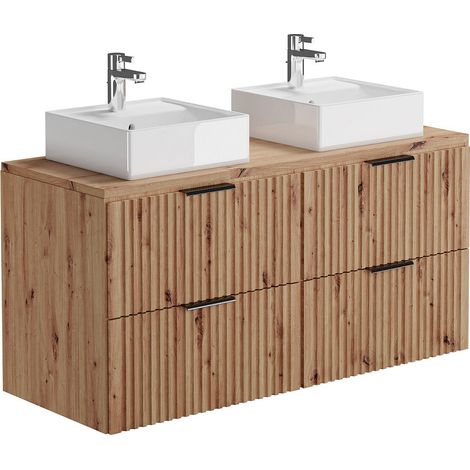 Vente-Unique – Meuble de salle de bain suspendu strié double vasque à poser carrée – Naturel clair – Longueur 120 cm – 4 tiroirs soft close