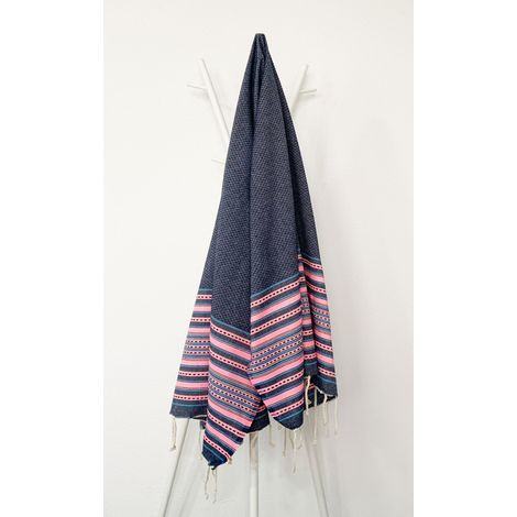 Fouta 100x200 rose fluo, turquoise et gris - 100% coton - franges
