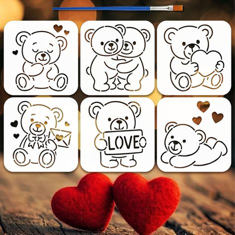 6Styles Pochoirs Motif Ours en Peluche Avec Un Pinceau 15x15cm Amour Ours Peinture Pochoirs Saint-Valentin Thèmes Modèle pour Peinture sur Bois Carrelage Mur Tissu (1/5)