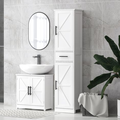 Armario Alto de Baño Estrecho con 2 Puertas 1 Cajón y 2 Estantes Ajustables Estilo Rústico 40x30x170 cm Blanco (1/5)