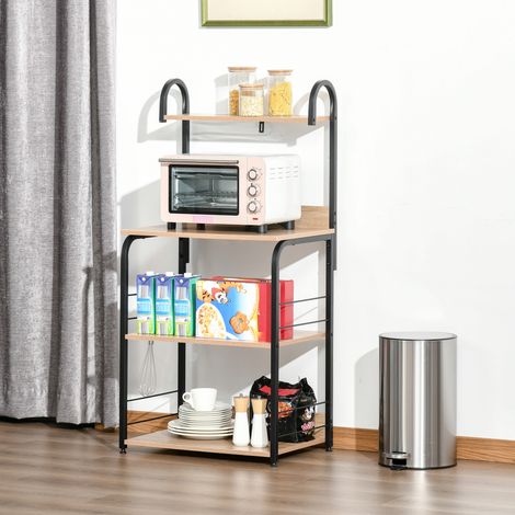 Estantería de cocina - estante para microondas - mueble para microondas - 3 estantes, parte superior, ganchos - acabado efecto madera natural, estructura de acero negro
