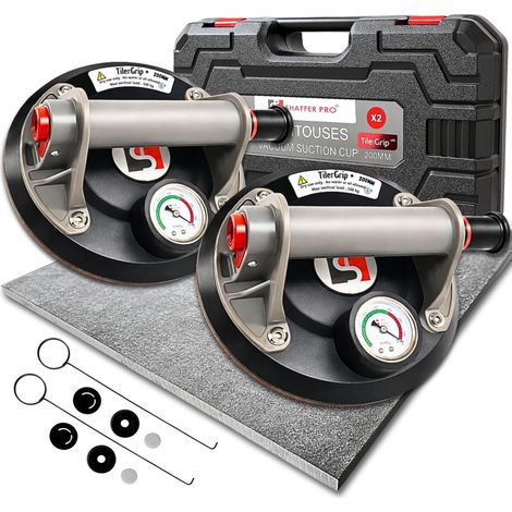 2 Ventouses carrelage professionnelles – Lot de 2 ventouses de pose, levage et manutention carrelage, faïence, dalles, grands carreaux – TilerGrip+ avec valise de transport – SHAFFER PRO
