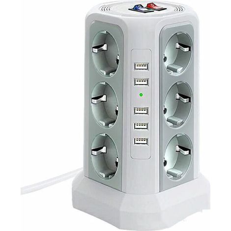 Multiprise parafoudre avec 12 prises secteur et 5 ports USB – Protection 1500 J – Câble de 2 m – 3 interrupteurs indépendants – Blanc et gris argenté (1/4)