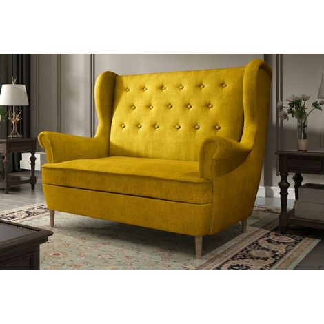 Canapé droit 2 places en tissu jaune – Confort optimal avec assise profonde – Rembourrage haute résilience – Dimensions 150x90x103cm (1/4)