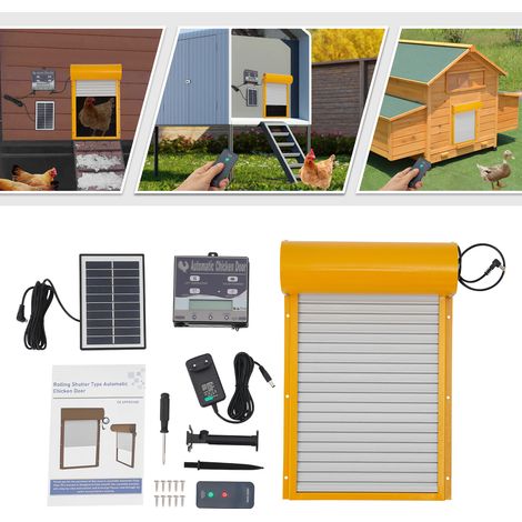 Puerta automática para gallinero con energía solar: mando a distancia/temporizador/sensor de luz con 3 modos, sistema de seguridad antiapretamiento con pantalla LCD y bloqueo automático amarillo (1/5)