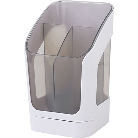 Pot à crayons avec tiroir, PET blanc, 3 compartiments, organisateur multifonction pour bureau et maquillage, design trapézoïdal (1/5)