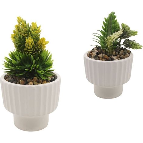 TrAdE Shop Traesio - Vasetto Ceramica Bianco Striato Con Piantina Artificiale Assortita 18cm Decoro Casa 164322 - (1/4)