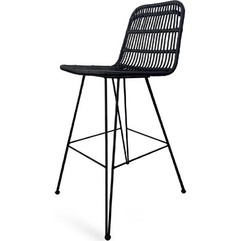 Tabouret de bar noir style nature aspect rotin en résine tressée et pieds en métal noir