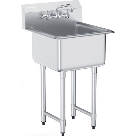 VEVOR Evier de Preparation Utilitaire en Acier Inoxydable, Petit Evier sur Pied a 1 Cuve 45,7x45,7 cm Avec Robinet et Pieds, Evier Commercial pour Nettoyage Garage, Restaurant, Cuisine, Buanderie