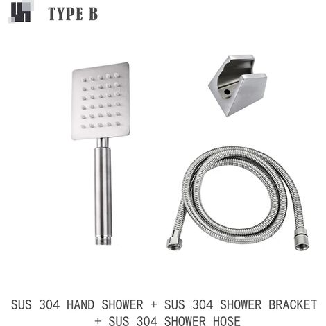 (B avec support en acier inoxydable brossé) Douchette de salle de bain avec support et flexible, pommeau de douche mural (1/5)