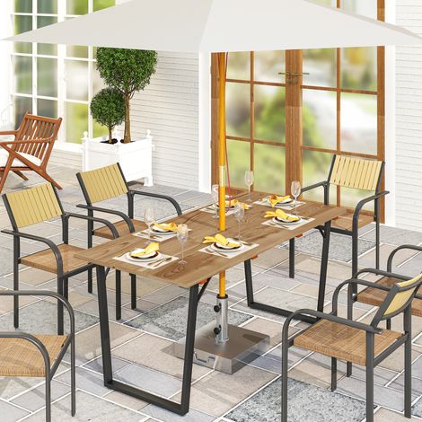 Table de jardin rectangulaire 6 places avec trou pour parasol, bois et acier, 175 x 80 x 75 cm, marron (1/5)