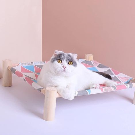 1 - Hamac Pour Chat - Lit Surélevé - Structure En Bois Massif - Toile Amovible Et Lavable - Pour Intérieur Et Extérieur - Rose - 52,6x48,3 Cm