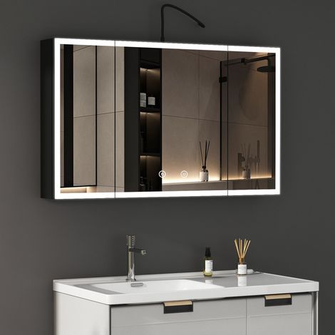 Spiegelschrank Bad mit Beleuchtung 100x60 cm LED Spiegelschrank mit Beleuchtung Schwarz Badschrank Hängeschränke mit 3 Einstellbare Lichtfarben Beschlagfrei