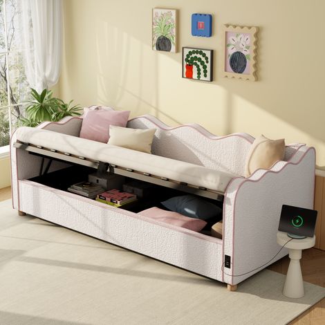 REDOM - Lit simple - 90x200 cm - avec rangement hydraulique - bouclé - beige (Sans matelas) (1/5)