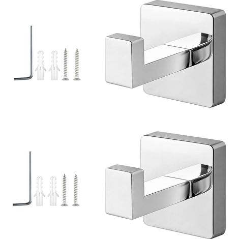 Lot de 2 Crochet Salle Bain à Percer, Patère Murale Argent Miroir en Acier Inoxydable 304, Montage Caché avec Socle Carré et Outils d‘Installation, pour Bain, Cuisine, Bureau -'2 pièces argent miroir