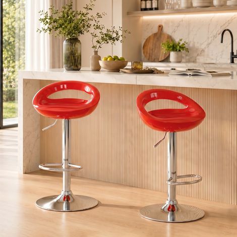 Ensemble de 2 tabourets de bar pivotants avec repose-pieds. Hauteur réglable, base en acier, assise en ABS. Rouge. (1/5)