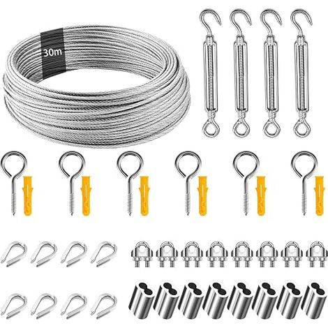 Stainless Steel Rope Hanging Kit, 3 mm PVC Coated Stainless Steel Cable with M5 Tensioners, for Climbing Plants, Trellis and Clothesline (1/2)