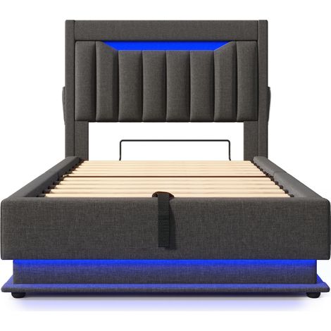 Letto singolo 90x200 cm in lino grigio con contenitore, LED, USB e USB-C HOMVRA (1/5)