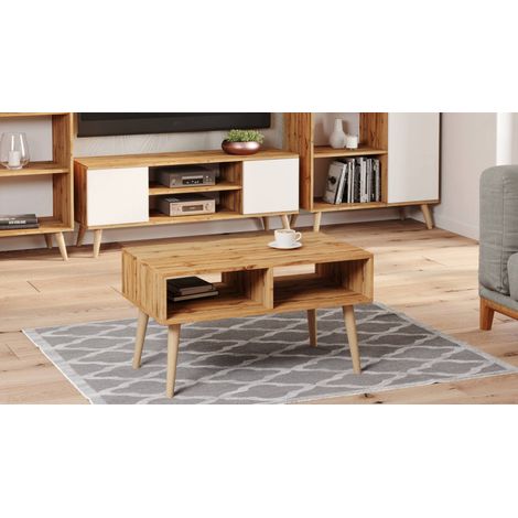 Dmora Table basse de salon, Table porte-revues avec 2 étagères et pieds, style scandinave,55x90h55 cm, couleur érable, avec emballage renforcé (1/4)
