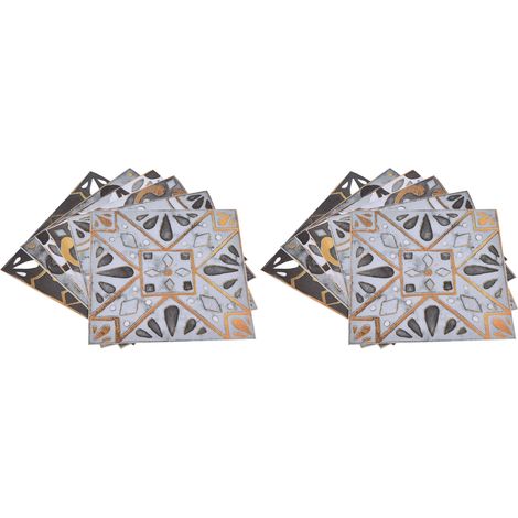 Lot de 2 stickers adhésifs pour carrelage de sol, imperméables, style vintage rétro, pour cuisine et salle de bain. Gris clair avec bordure dorée. Décoration en céramique. (1/5)