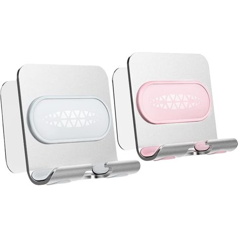 Pack de 2 supports muraux de téléphone portable avec bande d'adhésif, pas de support de téléphone mobile de forage (gris + rose) (1/5)