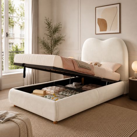 Lit capitonné simple 90x200 cm pour enfant, lit fonctionnel hydraulique avec sommier à lattes, tête de lit capitonnée et grand rangement sous le lit, revêtement en velours, couleur beige (1/5)