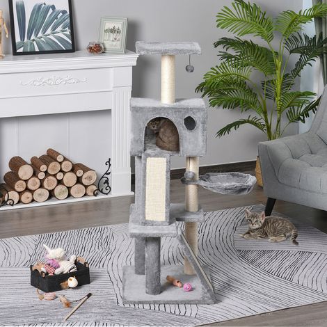 Arbre à chat multi-niveaux de 200 cm avec deux niches, deux couchages et un hamac. Structure pour 2 à 3 chats. Beige. (1/5)
