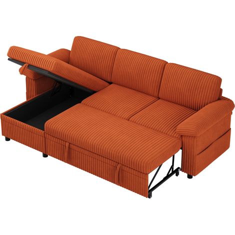 Canapé convertible d'angle L 3 places en velours côtelé Orange,Couchage avec ottoman et USB-C,Dossier réglable,212 x 150 x 89 cm (1/5)