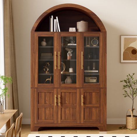 Credenza alta vetrina - 110 x 40 x 185 cm - Mobile soggiorno cucina salotto - Legno mdf moderno - Noce (1/5)