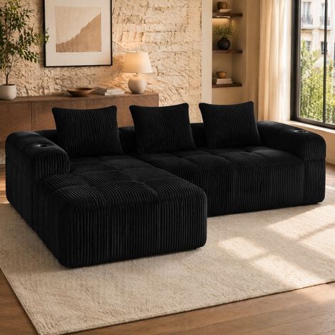 Divano modulare in velluto a coste nero con tasche laterali e portabicchieri, 3 cuscini, OKWISH (1/5)