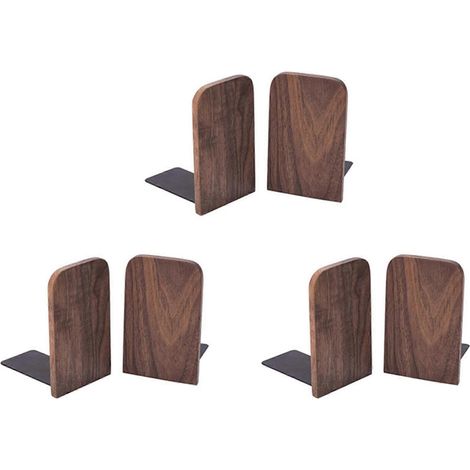 Confezione da 6 fermalibri in legno con base in metallo, in robusto legno di noce nero, con tappetini antiscivolo, adatti per scrivanie da ufficio. (1/5)