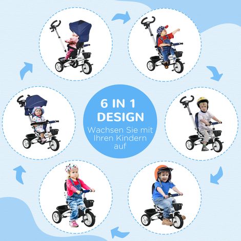 Tricycle évolutif pour enfant 6-en-1, guidon de poussée, auvent, ceinture de sécurité et panier de rangement, à partir de 18 mois, bleu marine