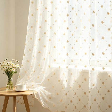 Rideaux en Tulle Brodé Style Coréen Fleurs - Voilage Transparent Fini pour Chambre, Salon et Balcon - 140x260 cm (Lot de 2)-x (1/5)