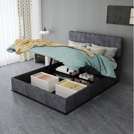 Letto contenitore 140x200 cm in tessuto e metallo grigio, senza materasso – MEUBLIV (1/5)