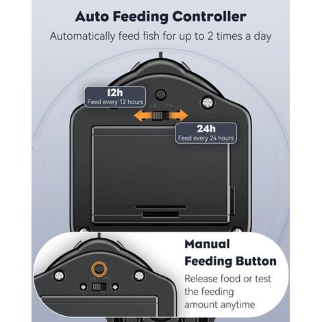 Distributore automatico di mangime per acquario, timer automatico per le vacanze, dispenser regolabile da 60 ml, funzionamento a batterie (batterie non incluse). (1/4)