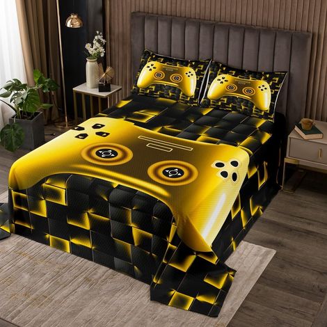 Enfants Console de Jeu Couvre-Lit pour Garçons 260x240 Jeux Dessus de Lit Or Noir Géométrique Console de Jeu Grille Couverture de Lit pour Adolescents Jeux Vidéo Literie Set pour Toutes Saisons - 260x (1/5)