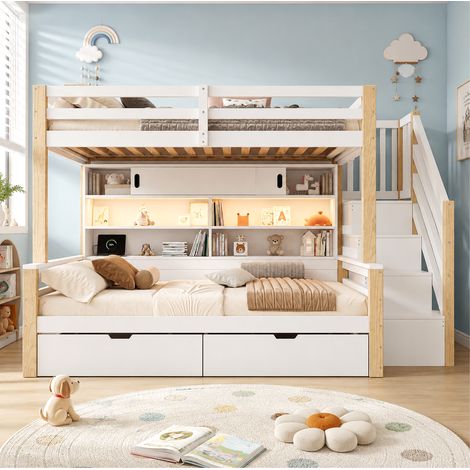 Litera infantil con dos camas de 90x200 cm, escalera de almacenaje, LED por app, USB, estantes y puertas correderas, blanca para dormitorio juvenil – CHICFURN (1/5)