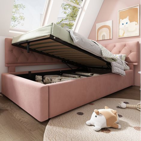lit coffre 90x190 en velours rose tete modulable HAVRYA (1/5)
