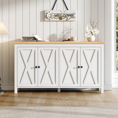 Buffet blanc MDF 140x40x78cm 4 portes poignées rondes noires 2 cloisons rangement multifonction salon salle à manger entrée (1/5)