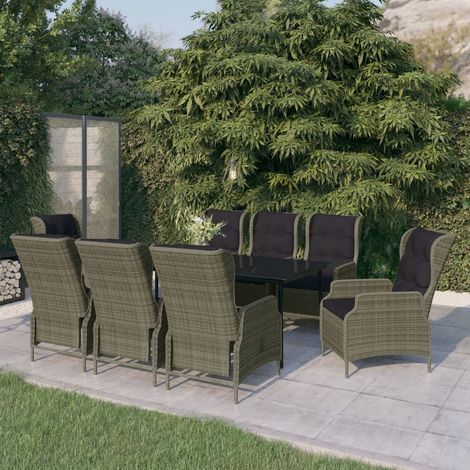 Ensemble repas de jardin 9 pièces, table noire et chaises marron en résine tressée - PANGIVO (1/5)