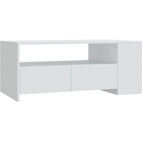 Mesa de centro de diseño moderno con cajón, 102 x 55 x 42 cm, madera de ingeniería blanca, DEC037832