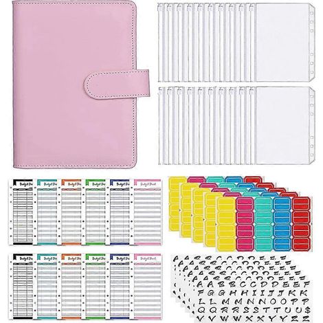 Classeur A6 en similicuir avec 15 pochettes12 feuilles de budget5 étiquettes autocollantes et finitions roses. (1/5)