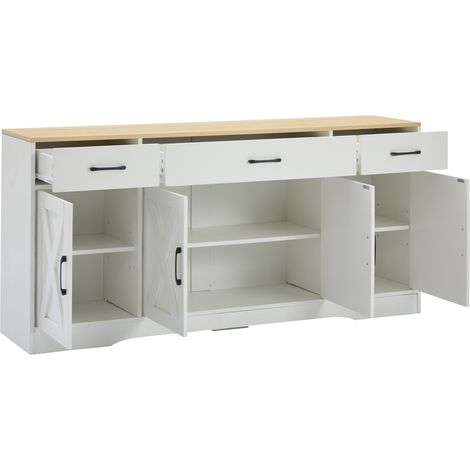 Credenza moderna bianca in MDF con 3 cassetti e 4 ante, 160 x 37 x 75 cm (1/5)