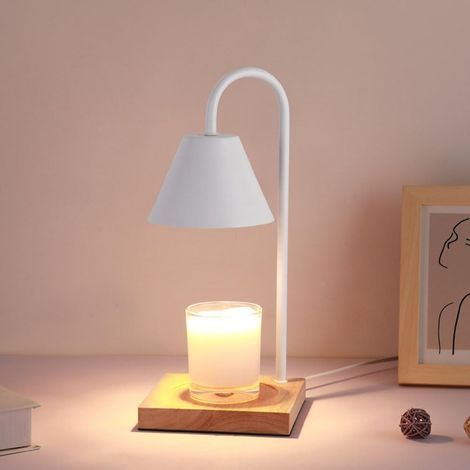 Lampe d'aromathérapie simple, en fer forgé, luminosité réglable, lampe à bougie d'aromathérapie sans flamme (blanche, en bois), bougie non incluse. (1/4)