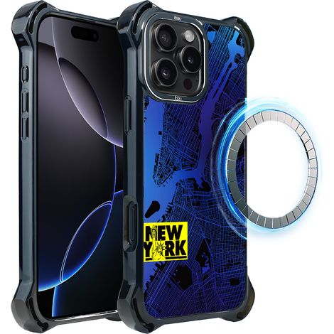 Custodia ibizu DropGuard Ultra per iPhone 16 Pro con MagSafe, mappe del mondo, New York