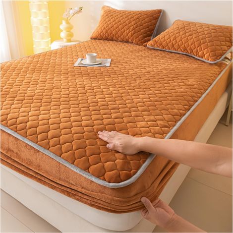 Housse de Protection matelassée épaissie avec 2 taies d'oreiller, Tout Compris draps élastiques Housse de Protection de Matelas draps décoratifs de Chambre à Coucher,Orange,200 220cm (1/5)